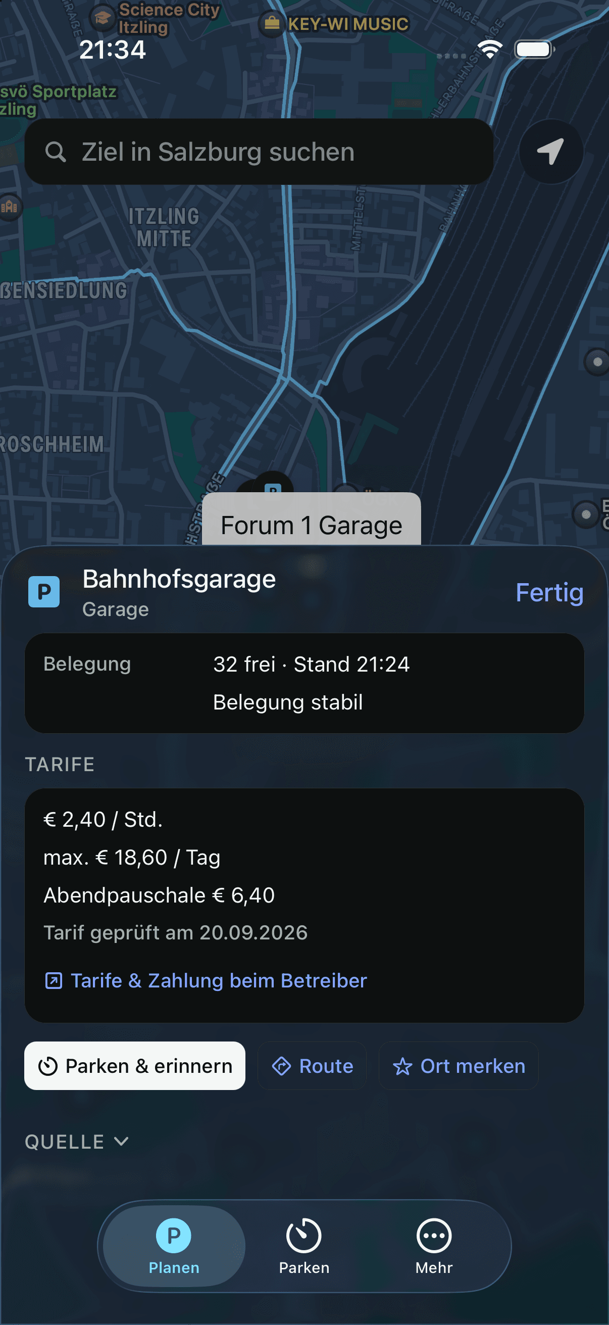Aktiver Parkvorgang mit Restzeit
