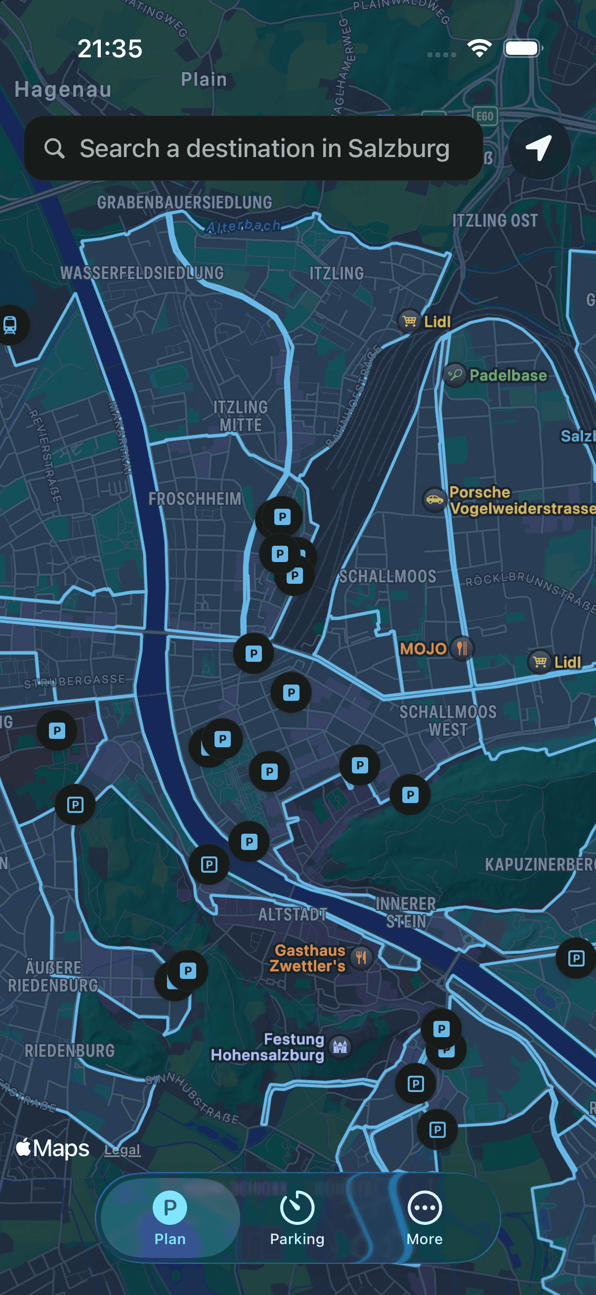 Map of Salzburg with destination search