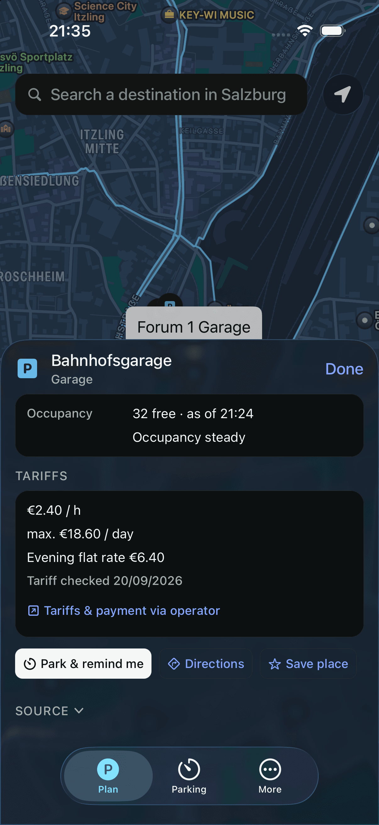 Garage detail with tariffs, occupancy and source