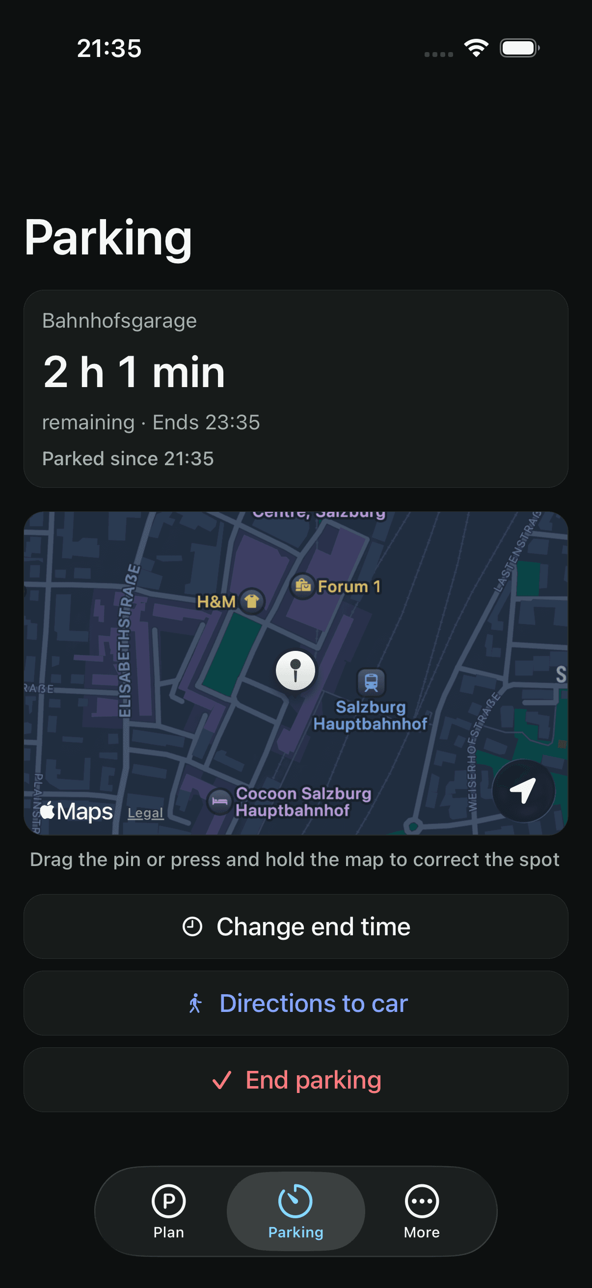 Active parking session with remaining time